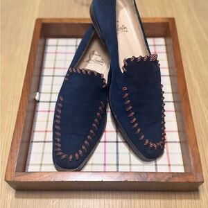 Christian Louboutin Blue Loafers with Brown Stitch Detailing